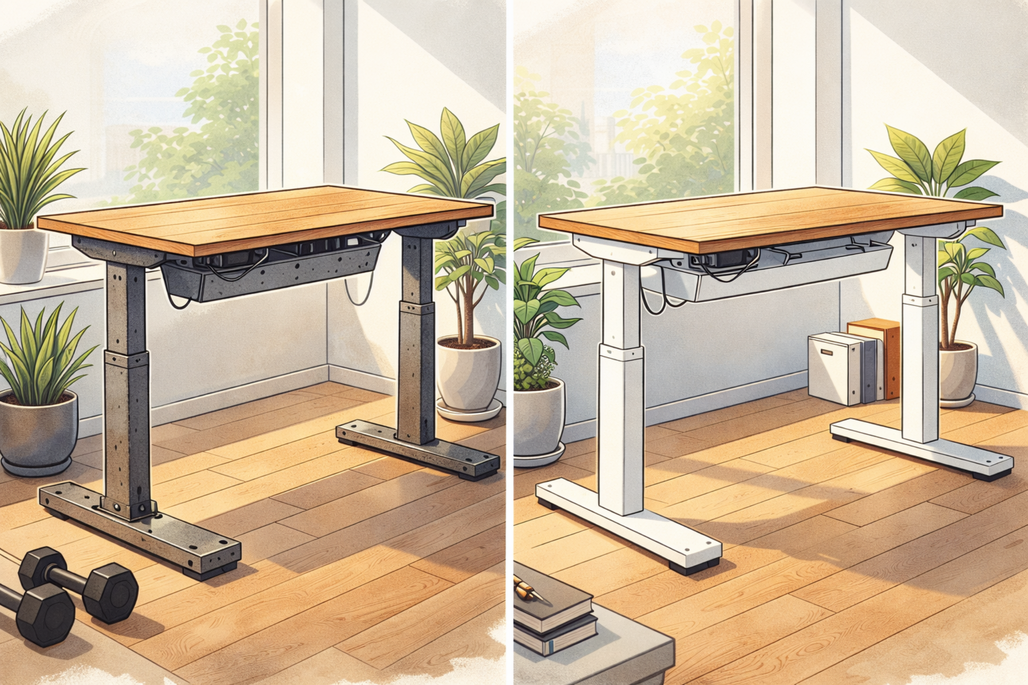 Adjustable standing desk frame comparison with wooden top in home office setting