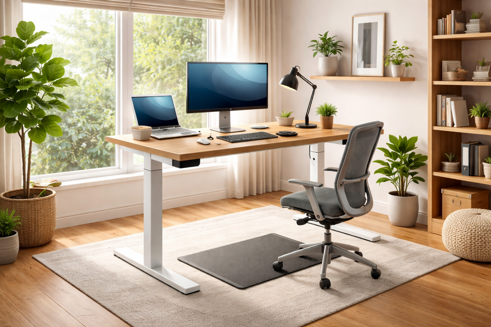 Modern adjustable standing desk with wooden top in bright home office