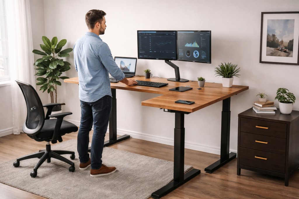 Man working at L-shaped standing desk