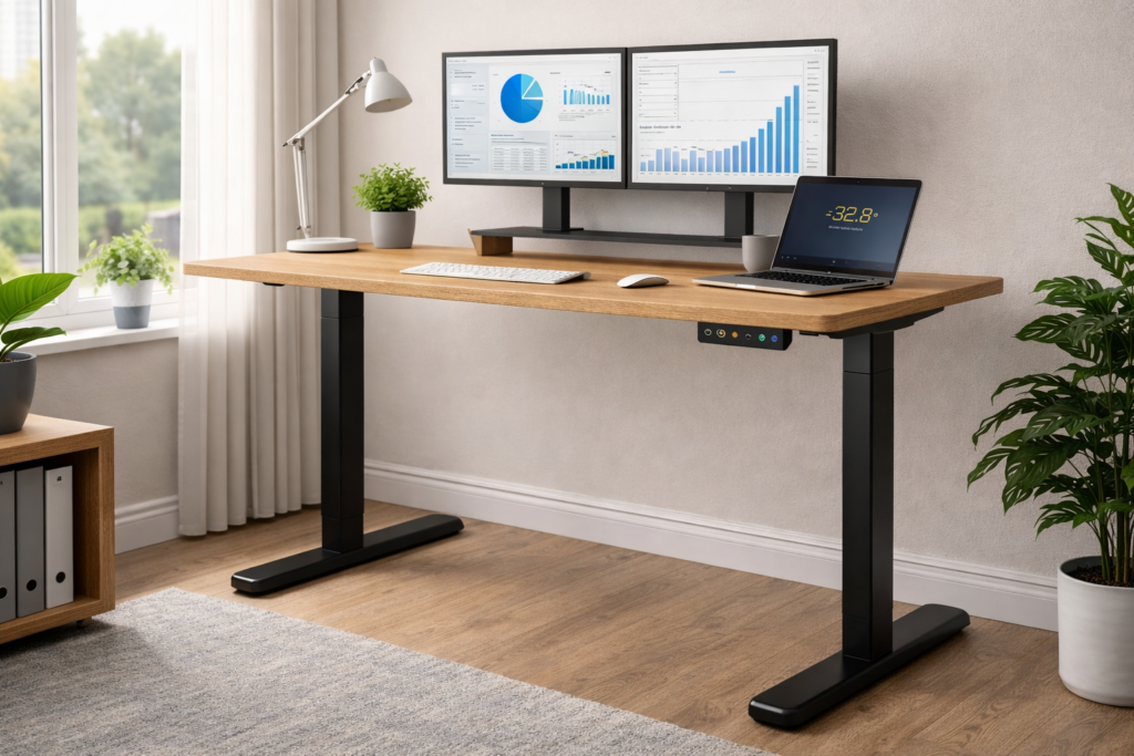 Motorised standing desk with dual monitors