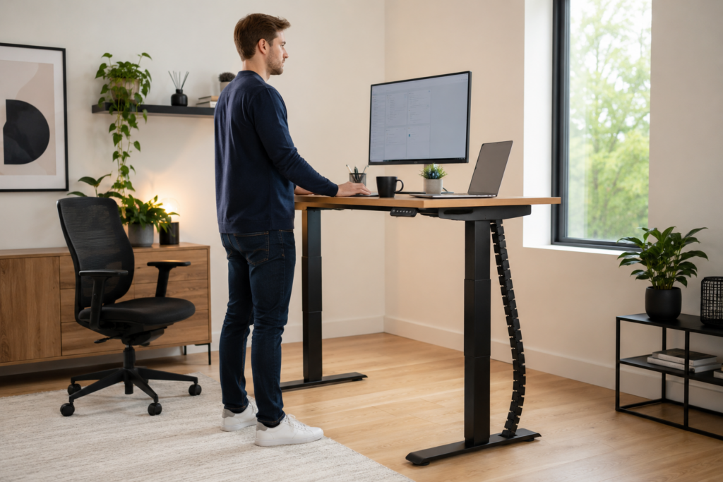 Man using height adjustable standing desk in home office
