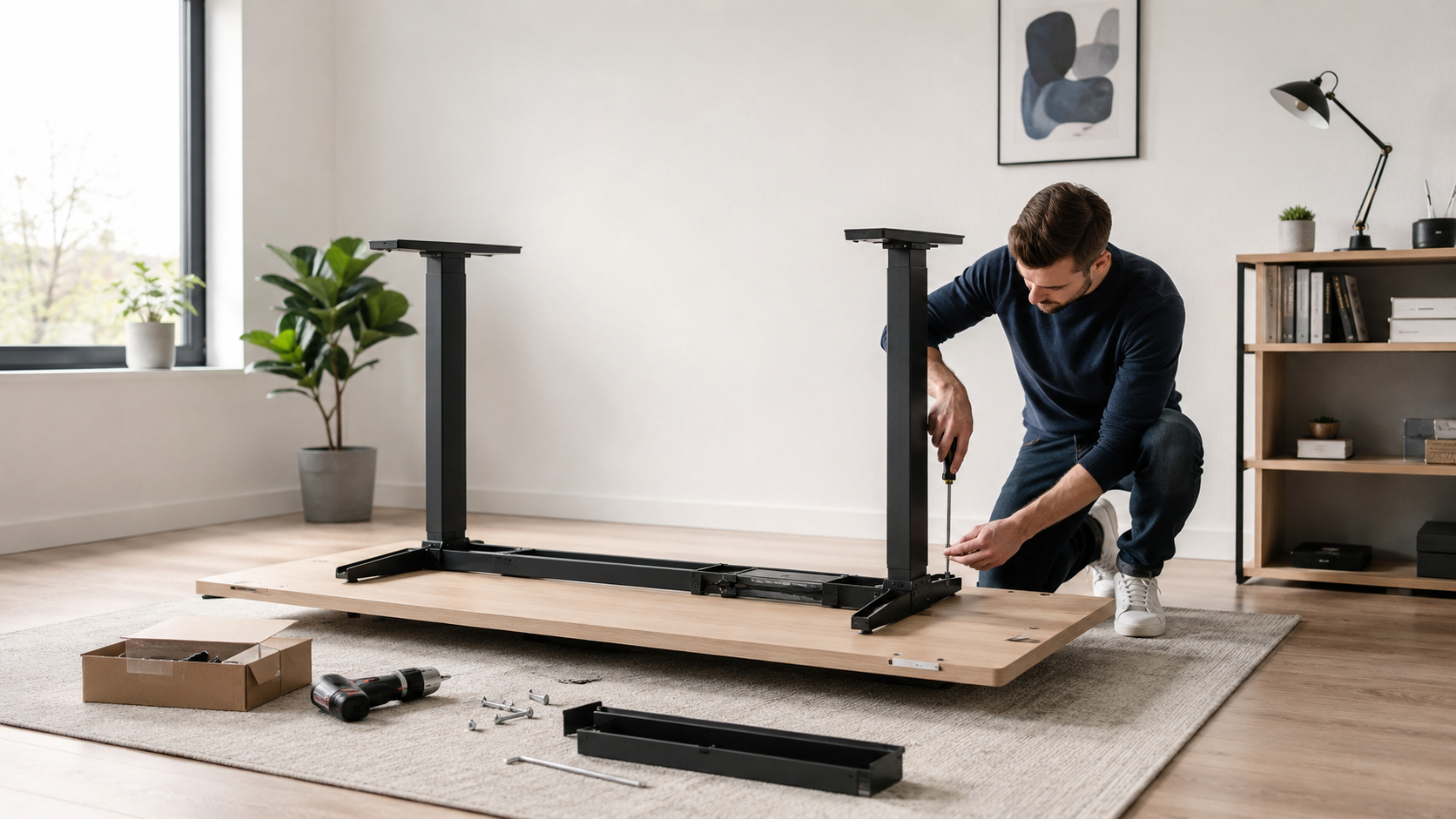 Man assembling an adjustable standing desk